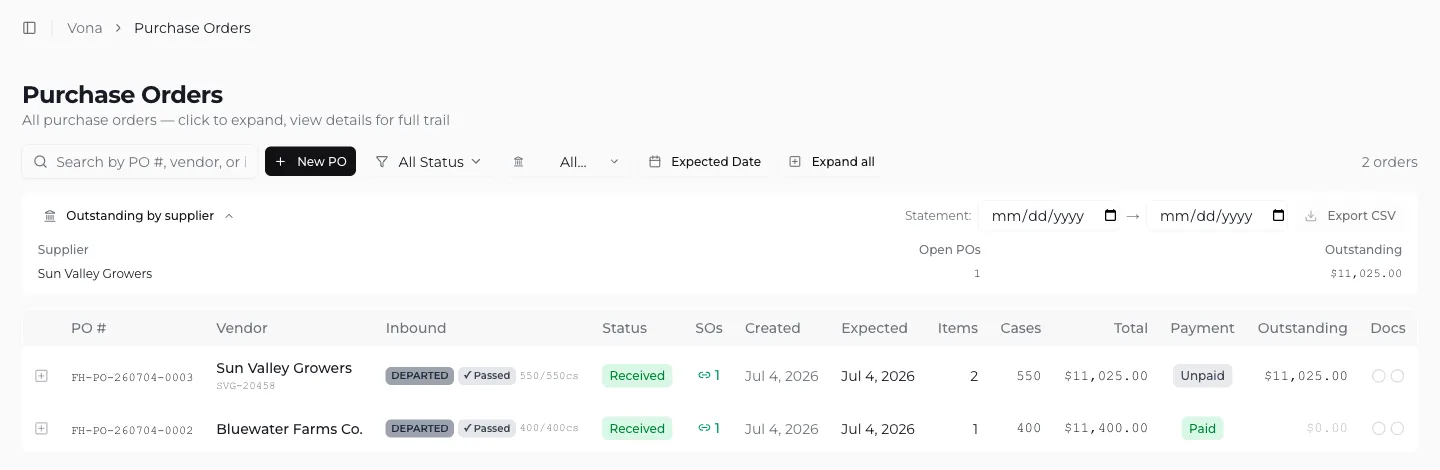 Vona's purchase orders with an outstanding-by-supplier panel and a date-range statement export