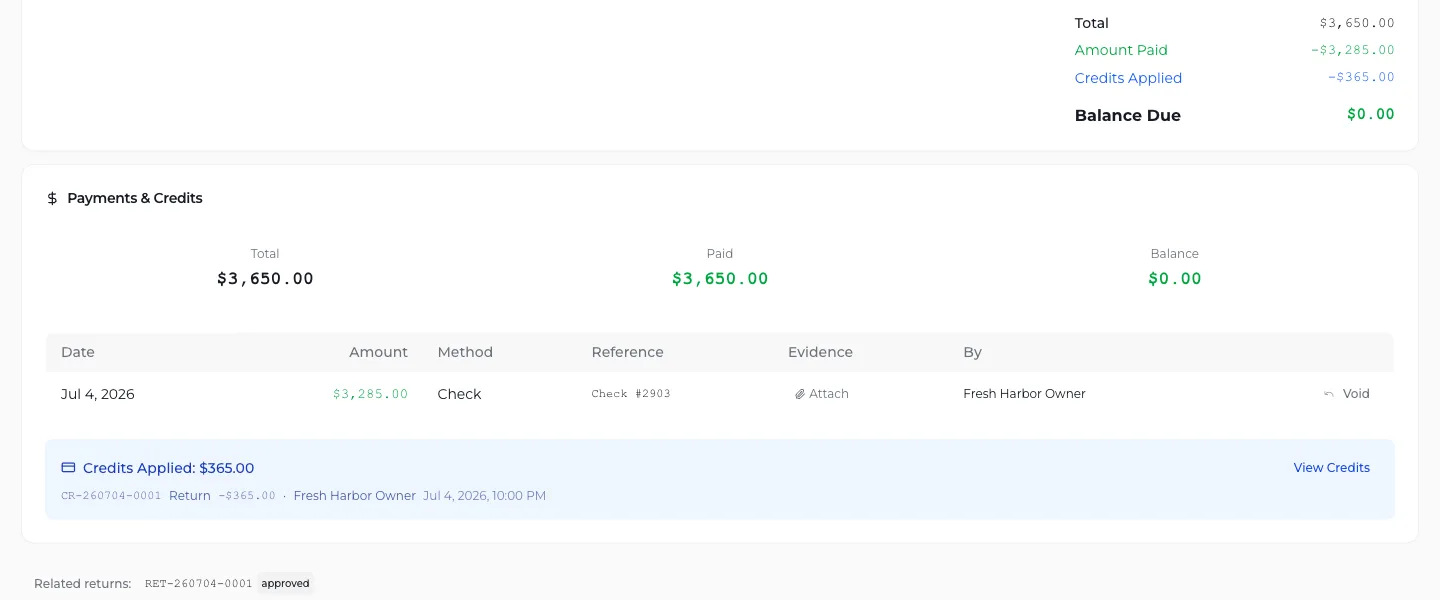 Vona's invoice detail: a check payment and a credit note from a return applied to one invoice, reconciled to a zero balance