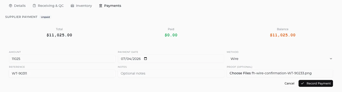 Vona's supplier payment form: amount, date, method, reference, and a wire confirmation attached as proof, against a purchase order