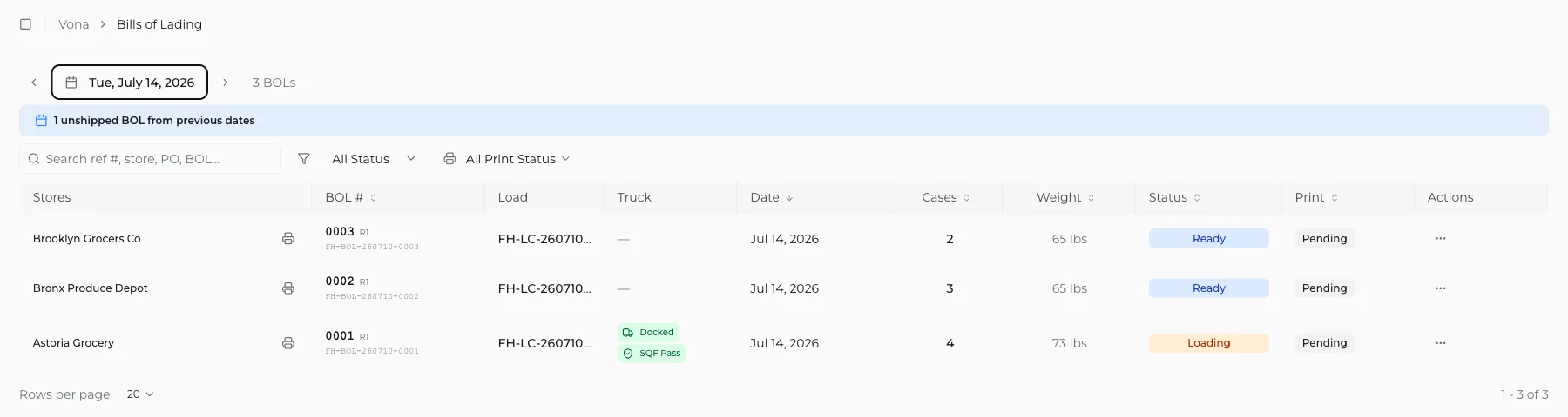 Vona's bills of lading for the day: each BOL numbered with a revision badge, its load, cases, weight, and status from ready to loading