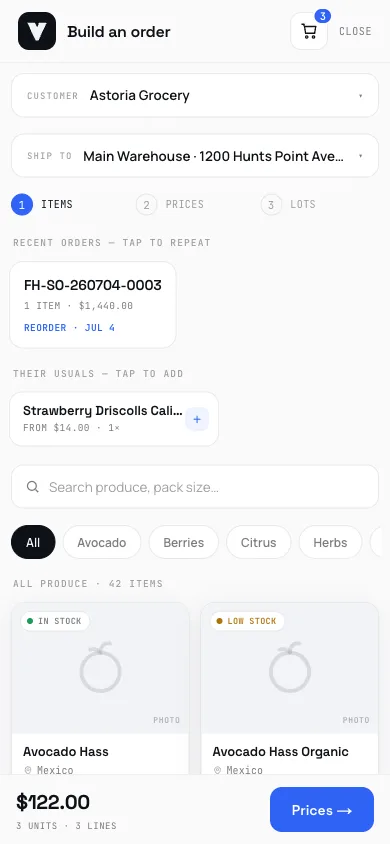 Vona's build screen on a phone: photo-style catalog cards, the customer's usual items one tap away, and a running cart