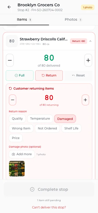 Vona's delivery screen on a phone: a line marked damaged with a reason and a photo, and a return request filed for the office