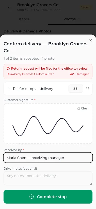 Vona's delivery confirmation on a phone: an on-glass customer signature, the reefer temperature at delivery, and the receiver's name