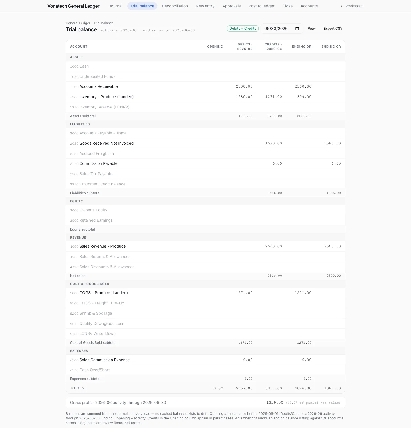 Vona's trial balance: every account with its opening balance, period debits and credits and ending balance, grouped by assets, liabilities, equity, revenue, cost of goods sold and expenses, with debits and credits totalling equal