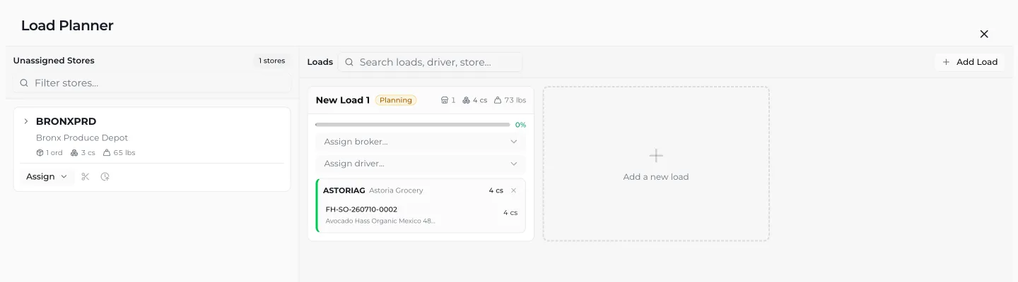 Vona's load planner: an unassigned store on the left, a load in planning with an order assigned, and a broker and driver to assign