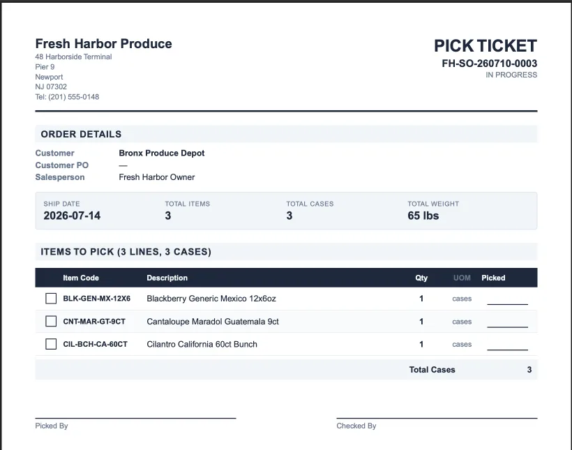 A printed Vona pick ticket: the order's items with checkboxes, quantities, and Picked By and Checked By signature lines