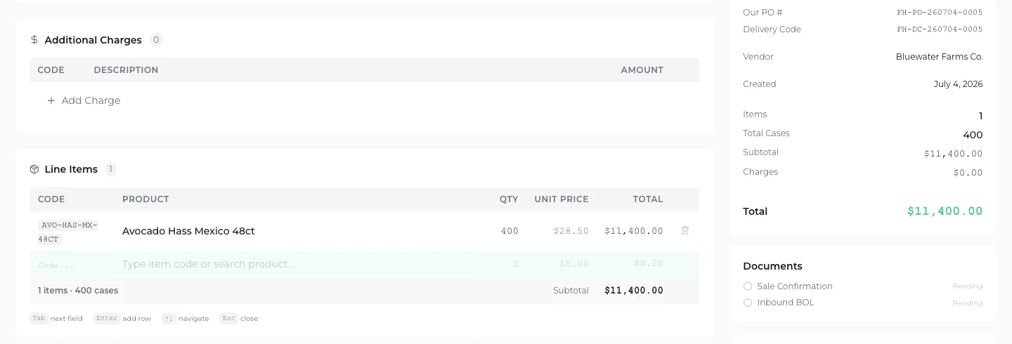 Vona's purchase order form: line items with unit costs, a live order summary, and the vendor and delivery code