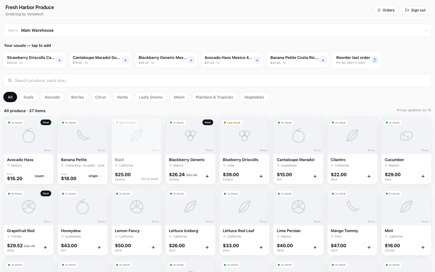 The portal storefront: category chips, a usuals strip with one-tap add and reorder, a search box, and product cards with prices, a deal badge, and availability states