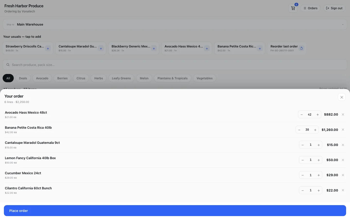 The portal's order sheet: line items with quantity steppers and totals, a running subtotal, and one Place order button