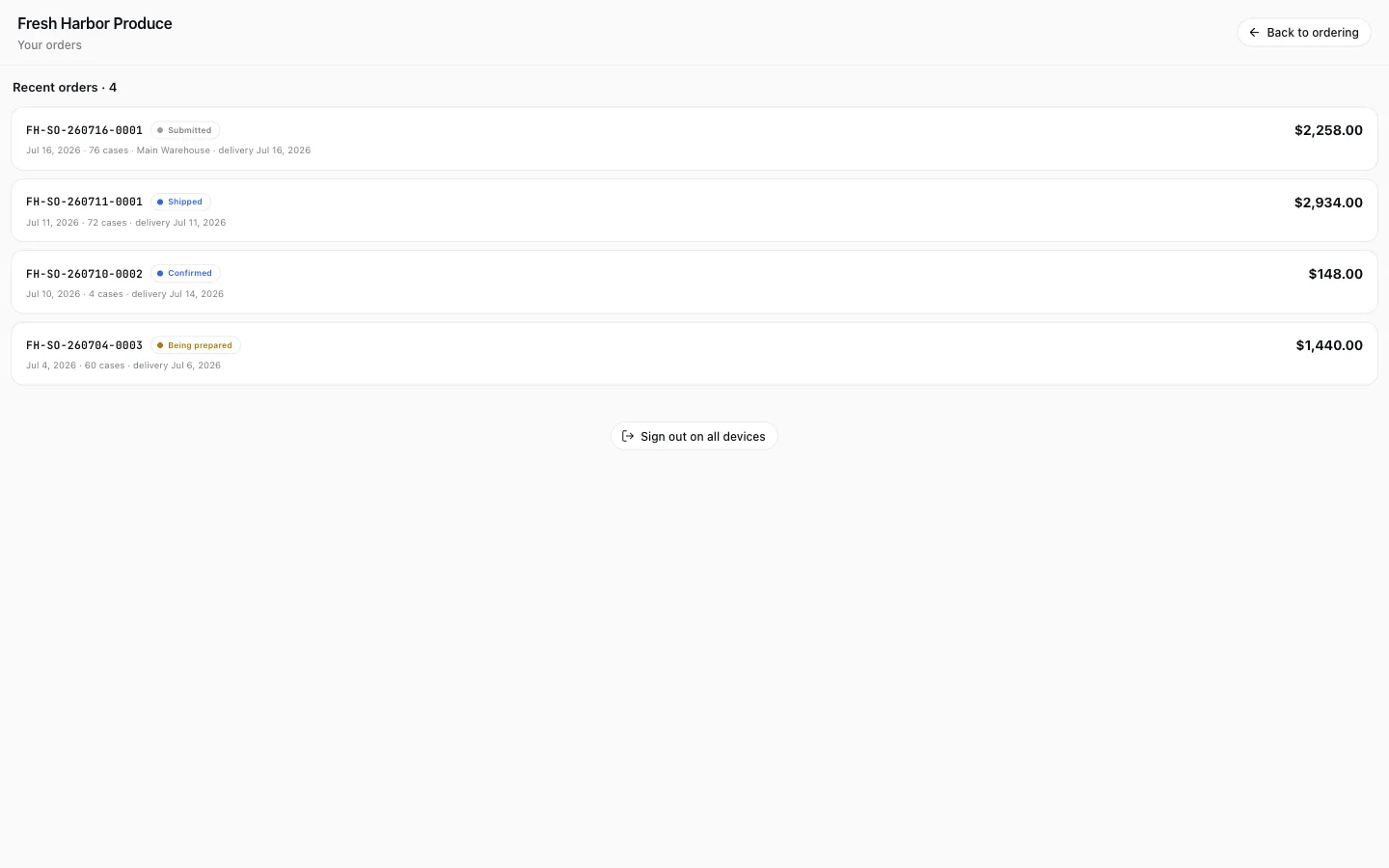 The buyer's own order history in the portal, each order showing its live lifecycle stage