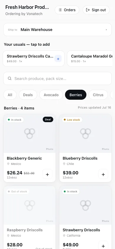 The Vona Customer Portal on a phone: a produce storefront with category chips and product cards showing prices, a deal badge, and honest availability states