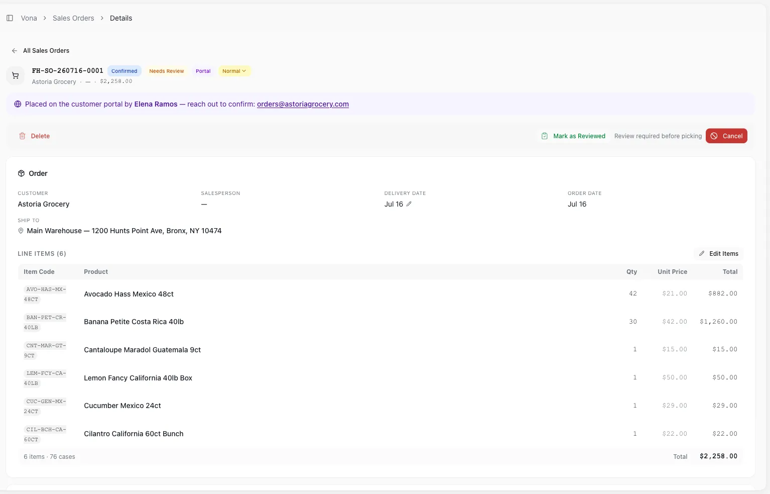 The same portal order inside Vona's sales-order queue, flagged Portal and Needs Review, with the buyer's contact surfaced and a review gate before picking
