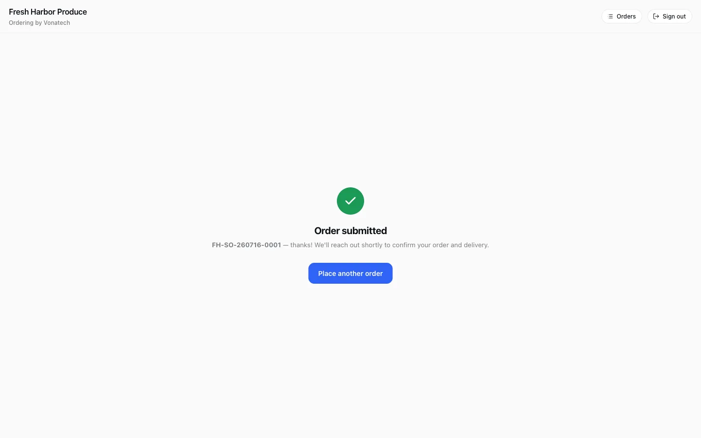The portal's confirmation screen telling the buyer the wholesaler will reach out shortly to confirm the order and delivery