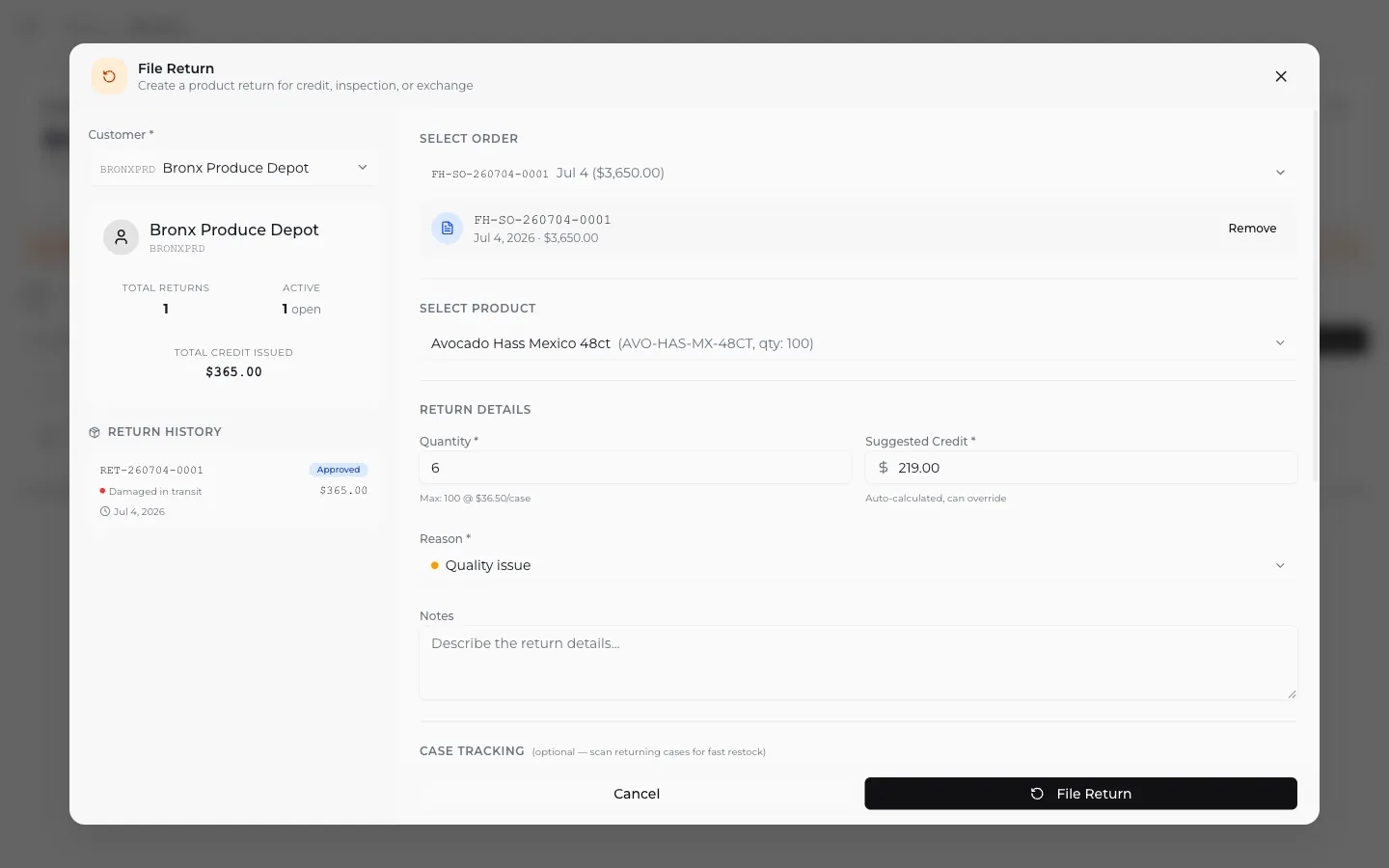 Vona's file-return form suggesting a credit and offering to scan returning cases for fast restock
