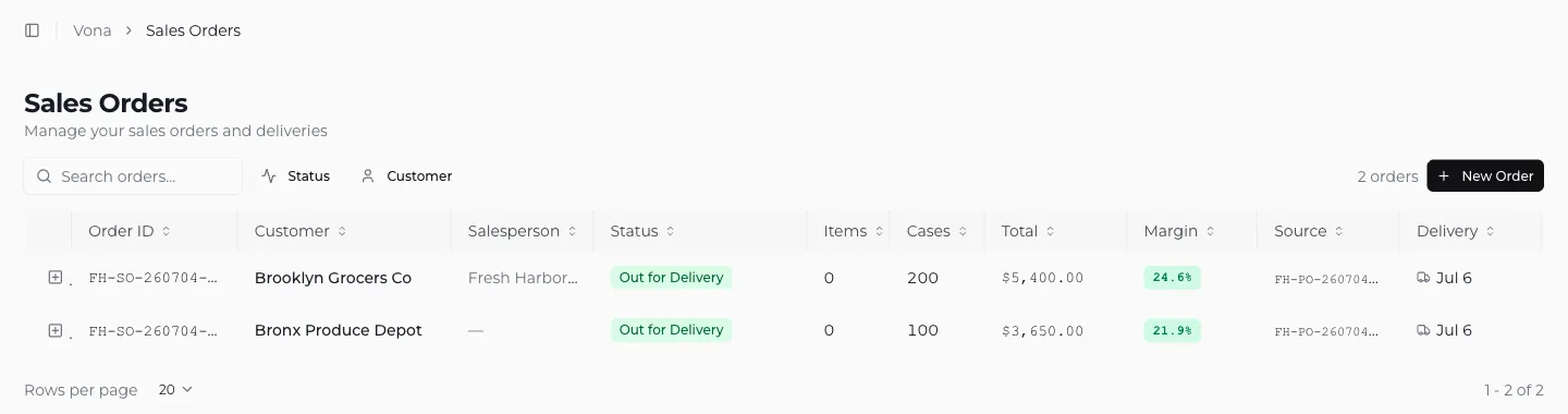 Vona's sales orders list showing each order's status, margin, and the purchase order its cost came from
