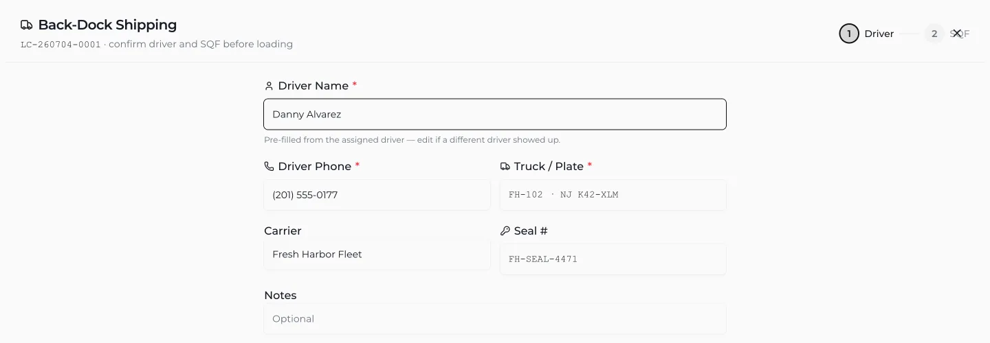 Vona's back-dock shipping step: the driver's name and phone, the truck and plate, the carrier, and the seal number, before the food-safety check