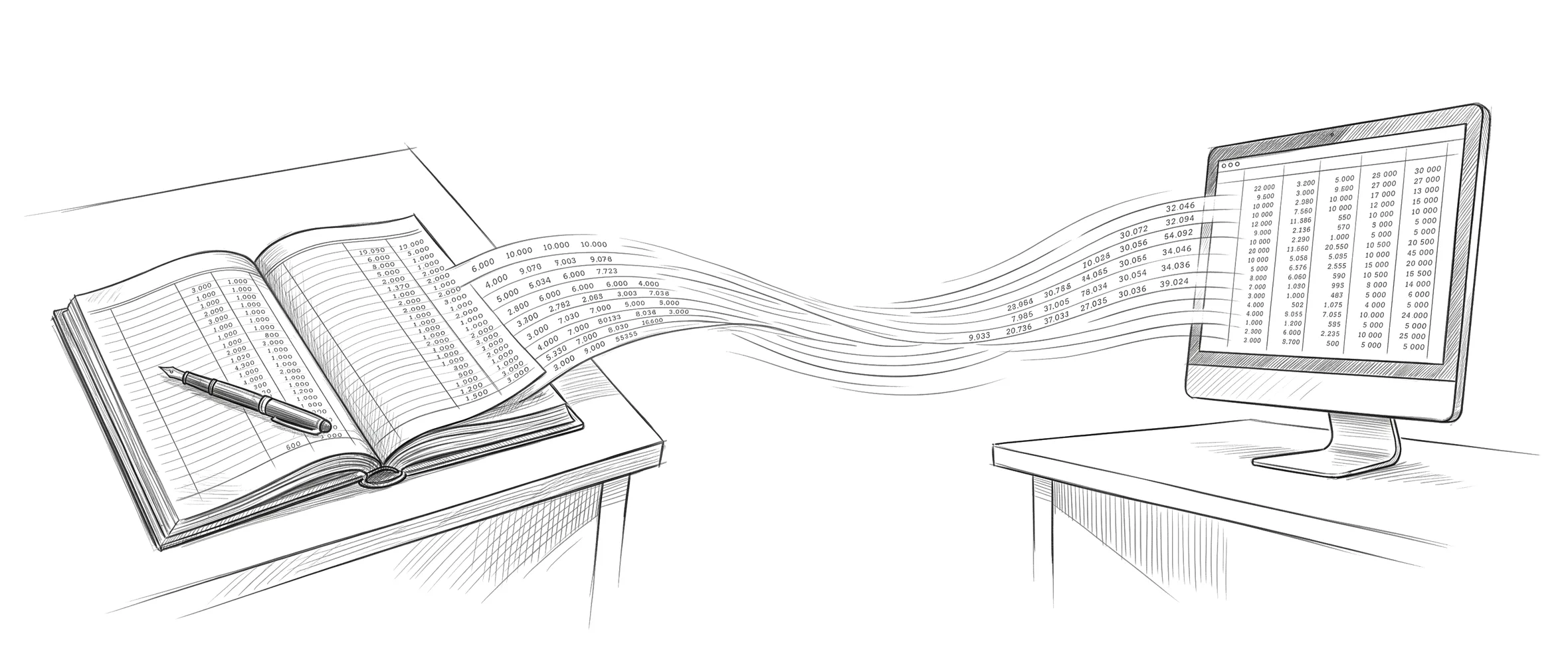 Sketch of an open paper ledger book filled with ruled columns of figures, a pen resting across it, its rows of numbers lifting off the page and streaming rightward to reassemble as columns of figures on a computer monitor