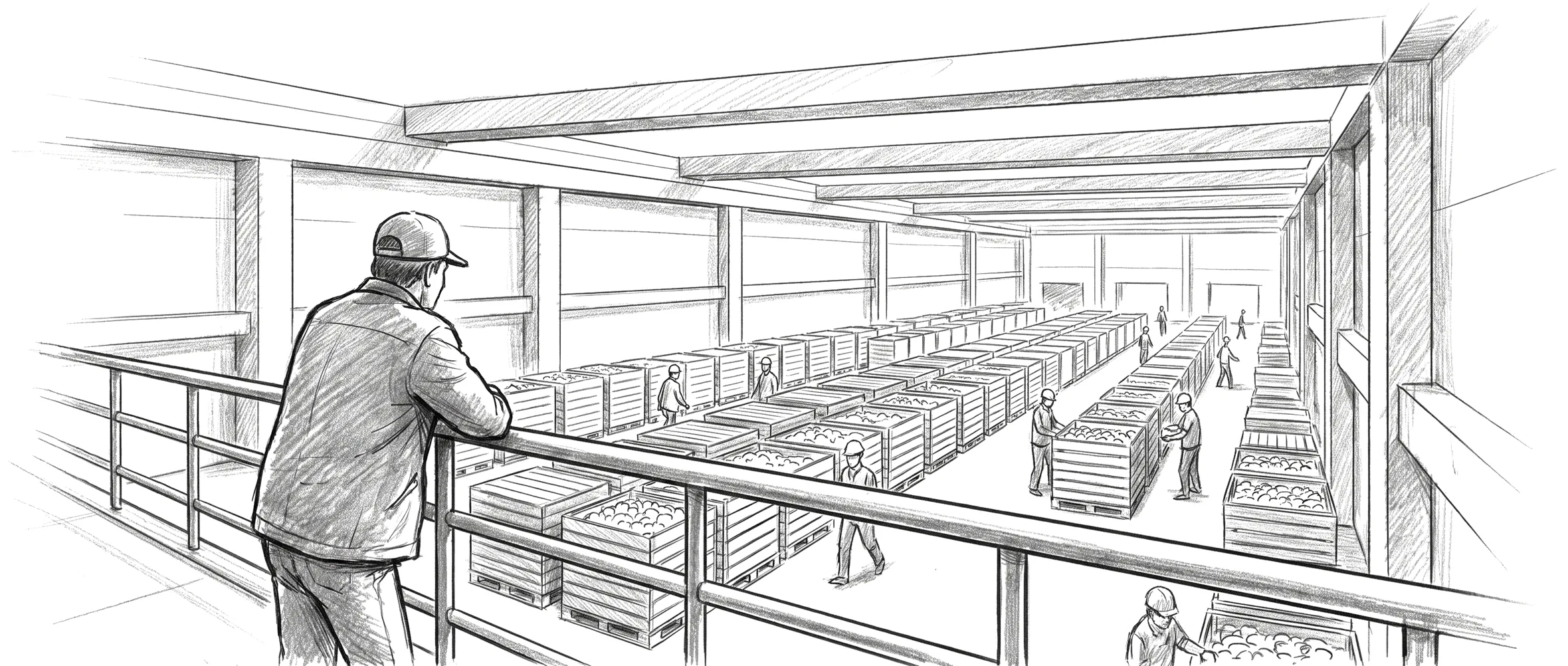 Sketch of a produce warehouse floor seen from a mezzanine: a manager at the railing overlooking perfectly ordered rows of stacked pallets