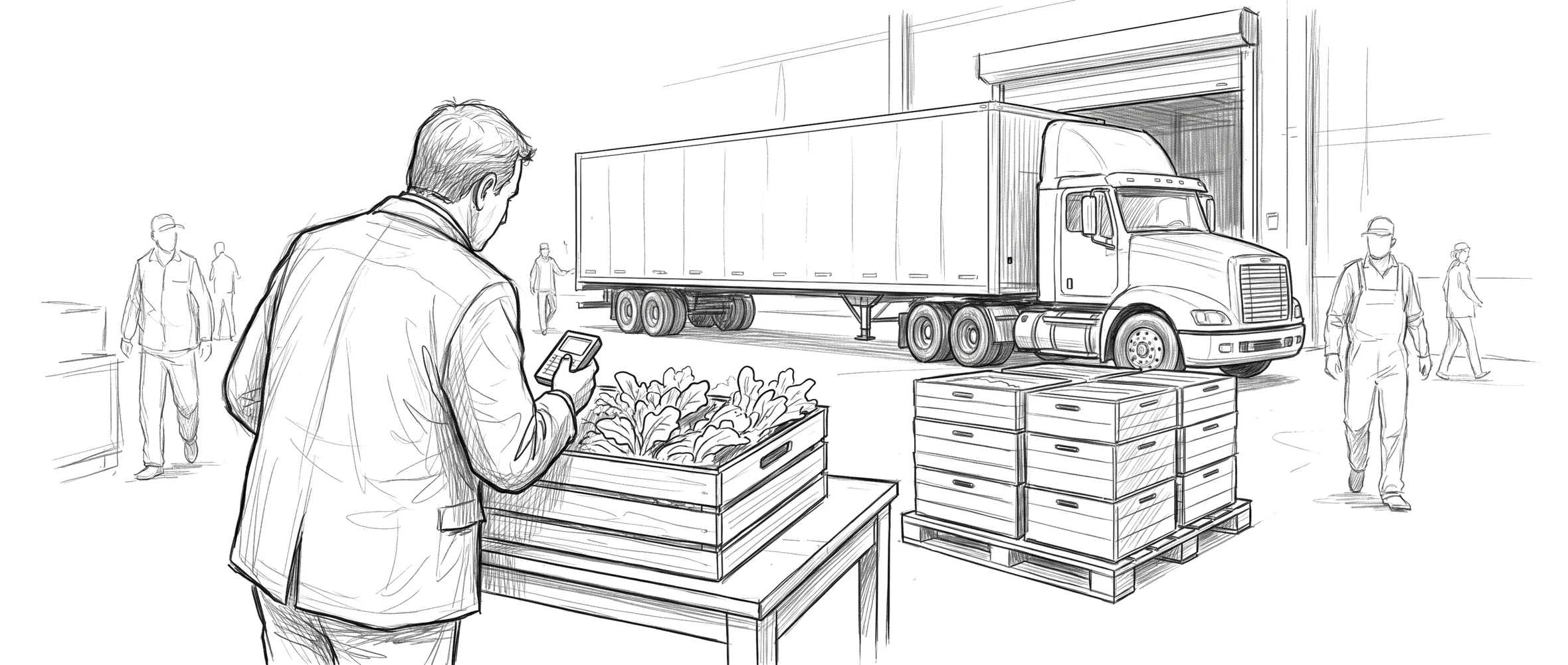 Sketch of a receiving check: an inspector seen from behind with a handheld device over an open crate of greens, an eighteen-wheeler backed to the dock behind