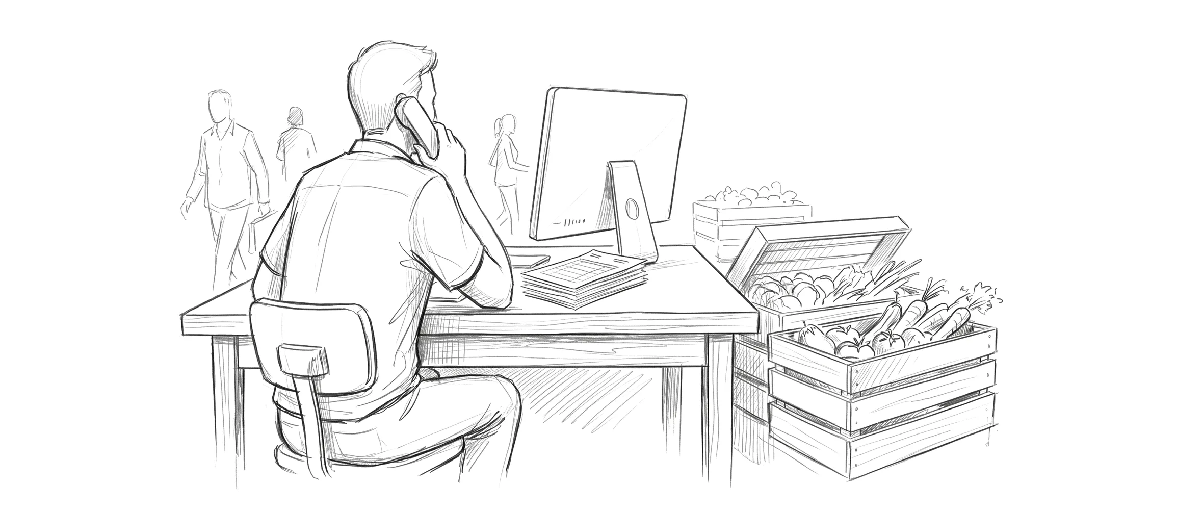Sketch of a produce order desk: a rep seen from behind taking a phone order at a desk beside open crates of fresh produce