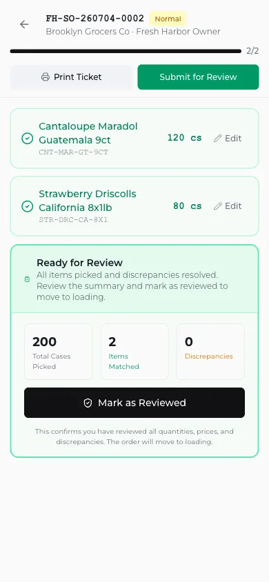 Vona's picking on a phone: each line picked and checked, with total cases, items matched, and discrepancies, before it moves to loading