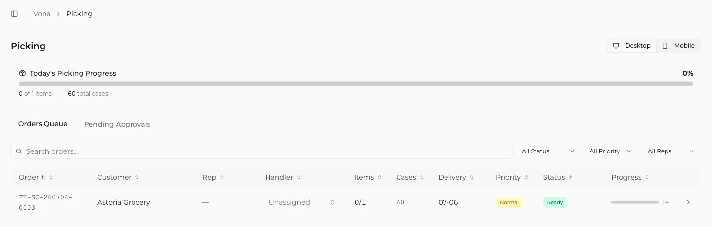 Vona's picking queue on the desktop: today's picking progress and the orders queue with status and progress per order