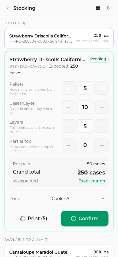 Vona's guided stocking on a phone: pallets, cases per layer, and layers entered at the rack, totaling to the expected count, with pallet labels to print and a cooler zone